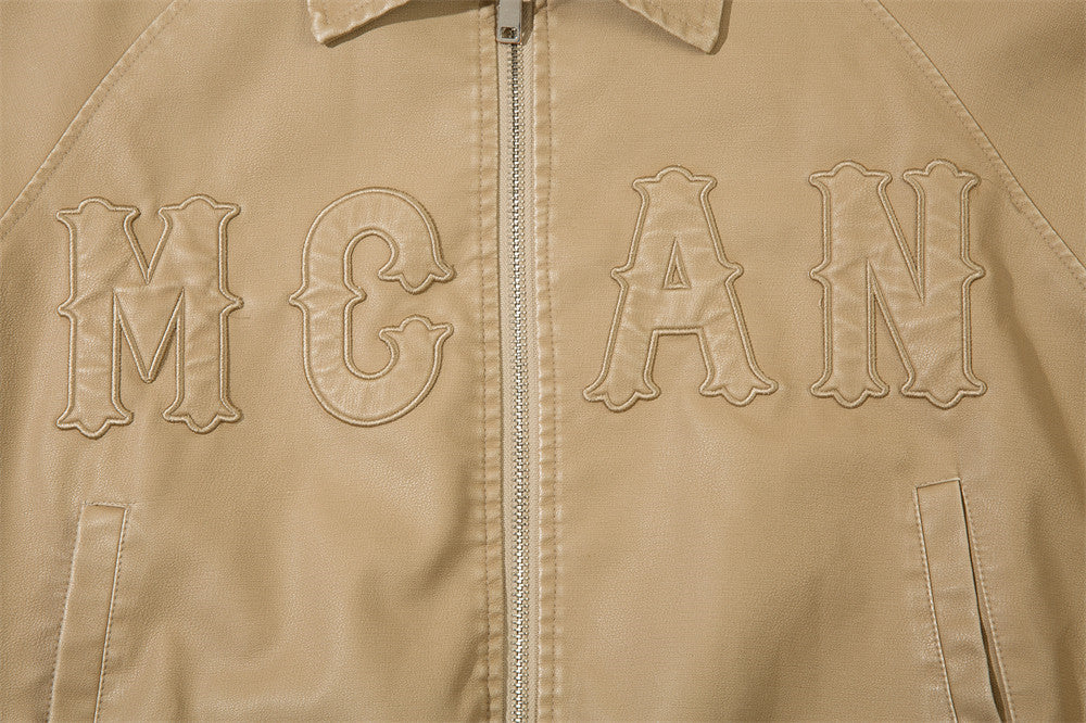 Letter Embroidery Pu Leather Coat Men