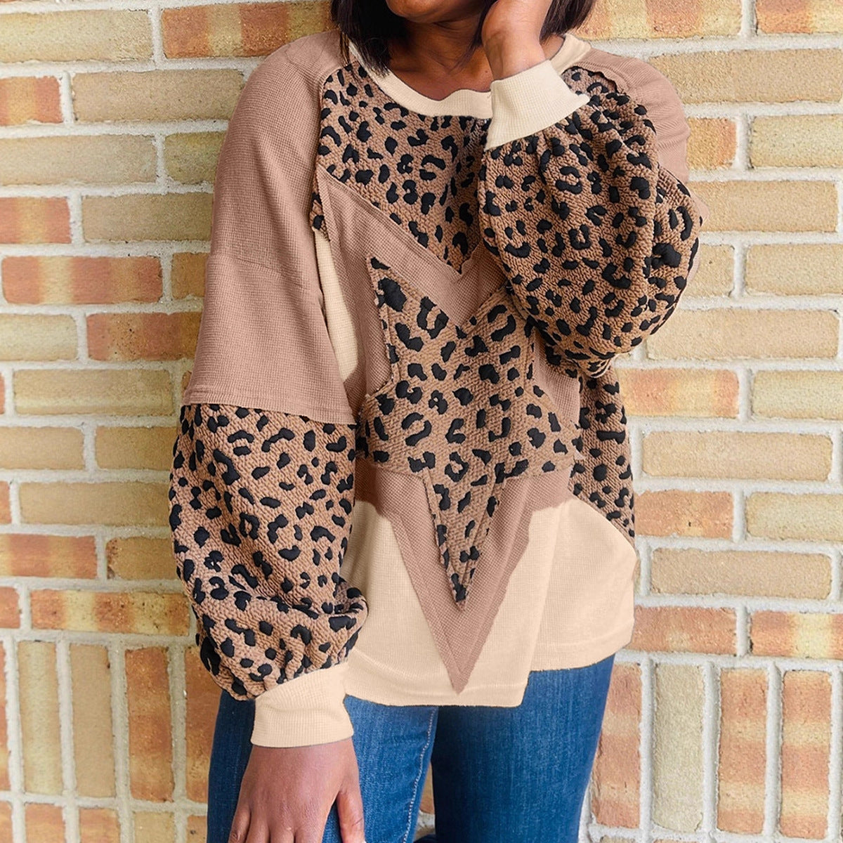Women's Designer Leopard Print Long Sleeve Shirt With Shoulder Straps