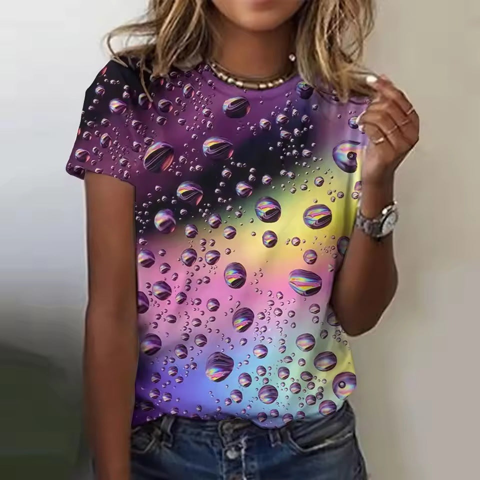 Women's Casual Short-sleeved Round Neck Colorful Water Drop 3D Printed T-shirt