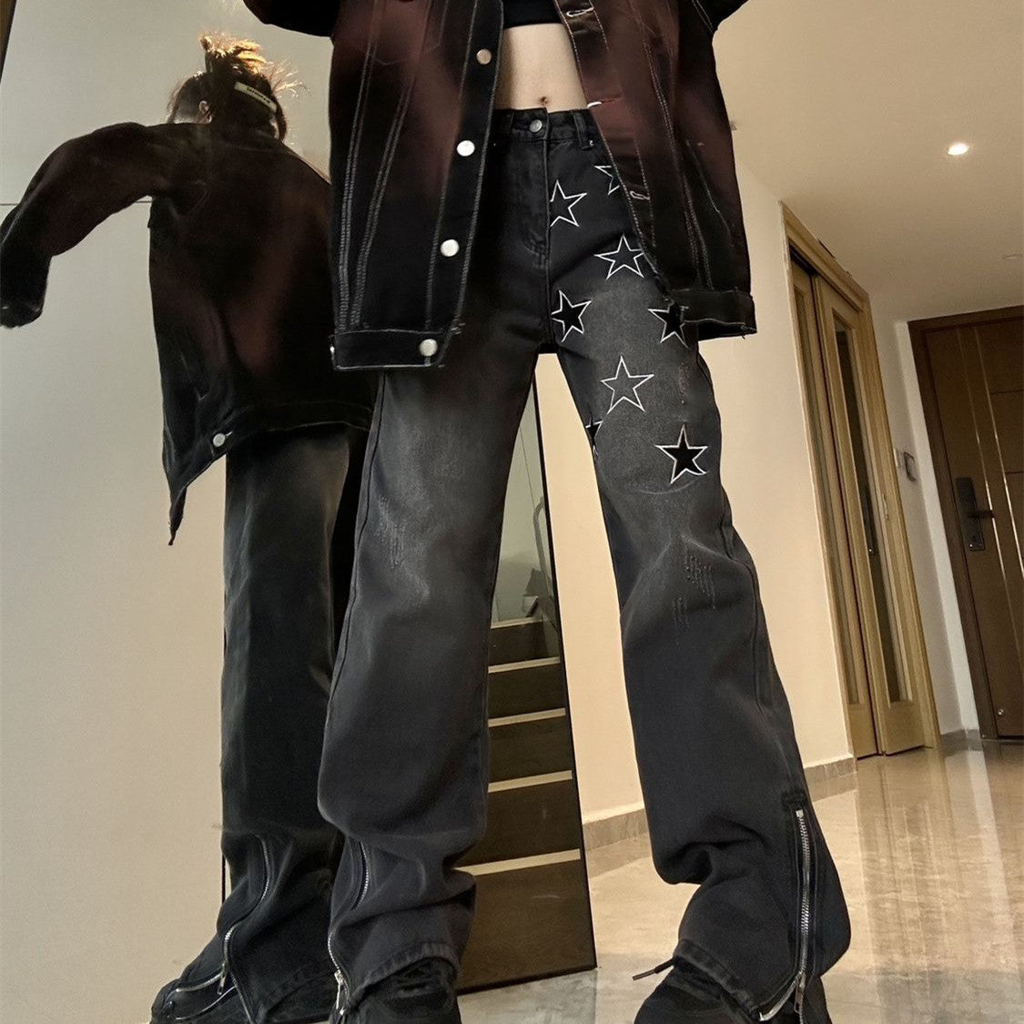 Women's Fashion Star Embroidery Straight Jeans