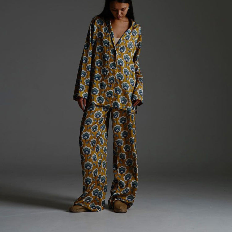 Womens Floral V-Neck Loose Long-Sleeve Jumpsuit With Elastic Pants