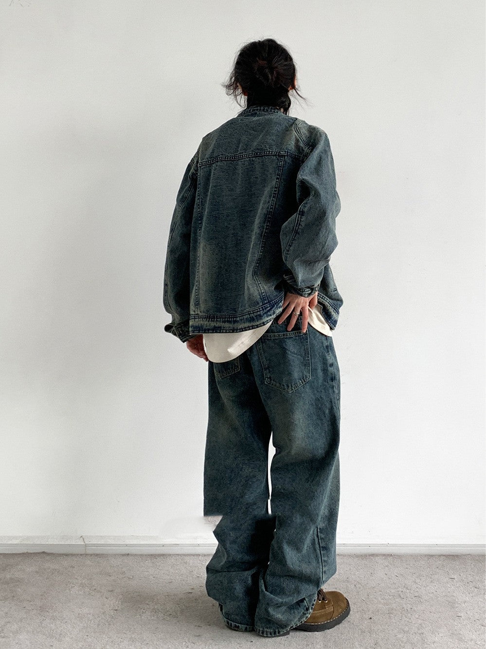 Jakkejakke til mænd i japansk retro-broderet vasket denim