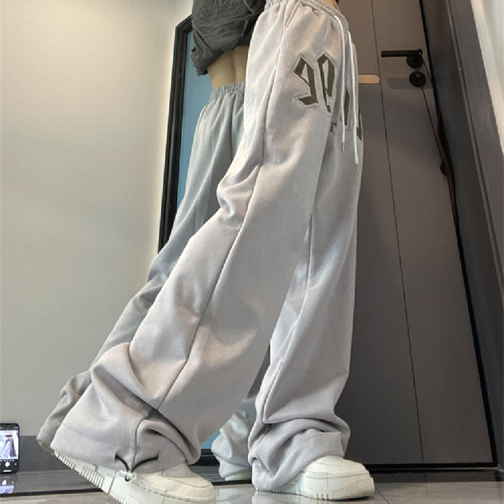 Casual And Comfortable Suede Embroidered Sweatpants Gray