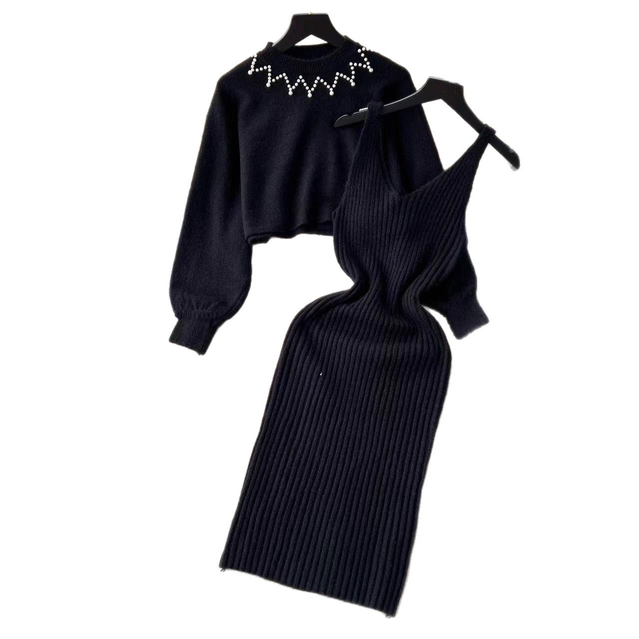 Round Neck Bead Women's Sweater High Waist Knit Dress Suit