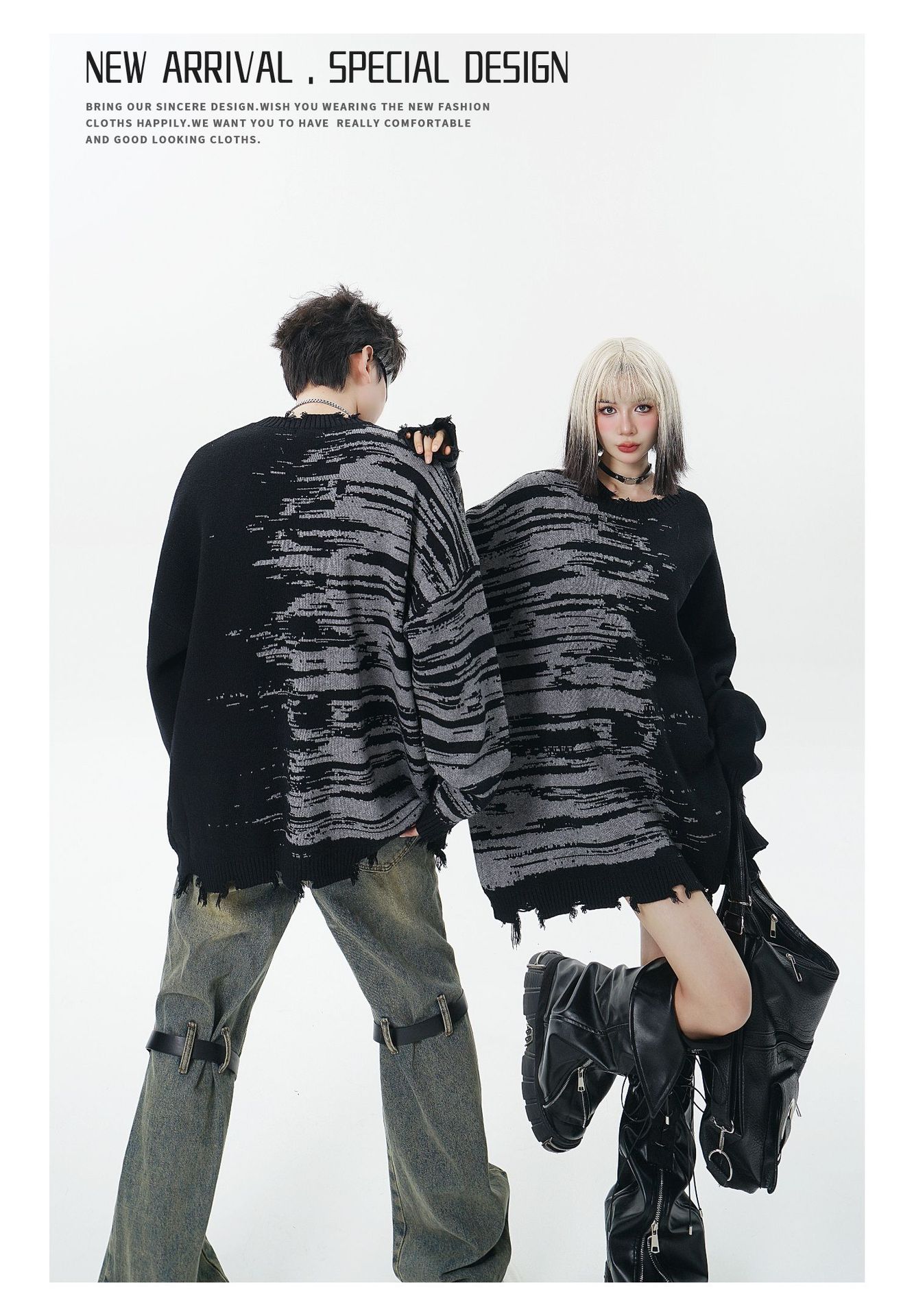 Zebra Pattern Color Matching Ripped Tassel Loose Round Neck Knitted Sweater