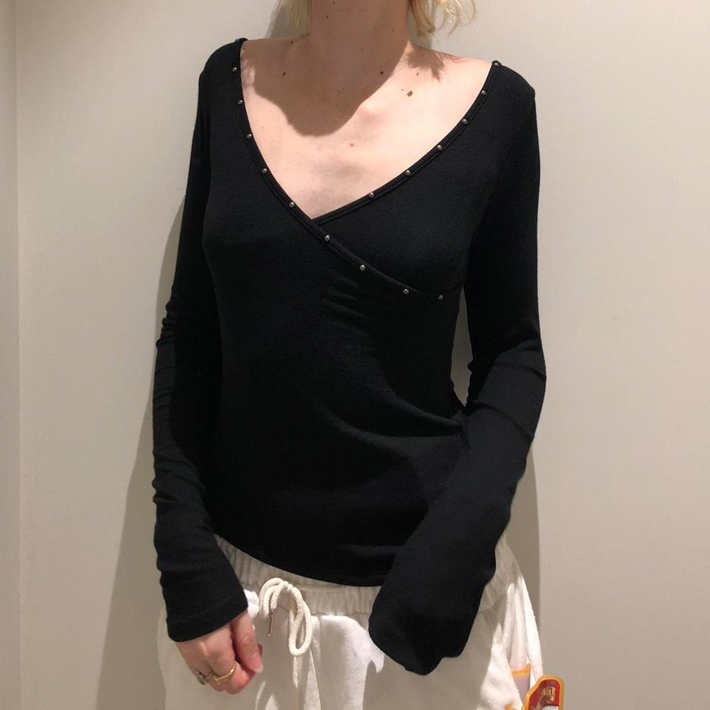 V-neck Knitted Underwear Long Sleeved Top Hot Girl New Solid Color