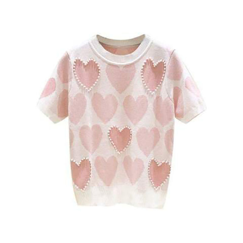 Women's Summer Loose Heart Jacquard Beaded Knitted T-shirt Short Sleeve