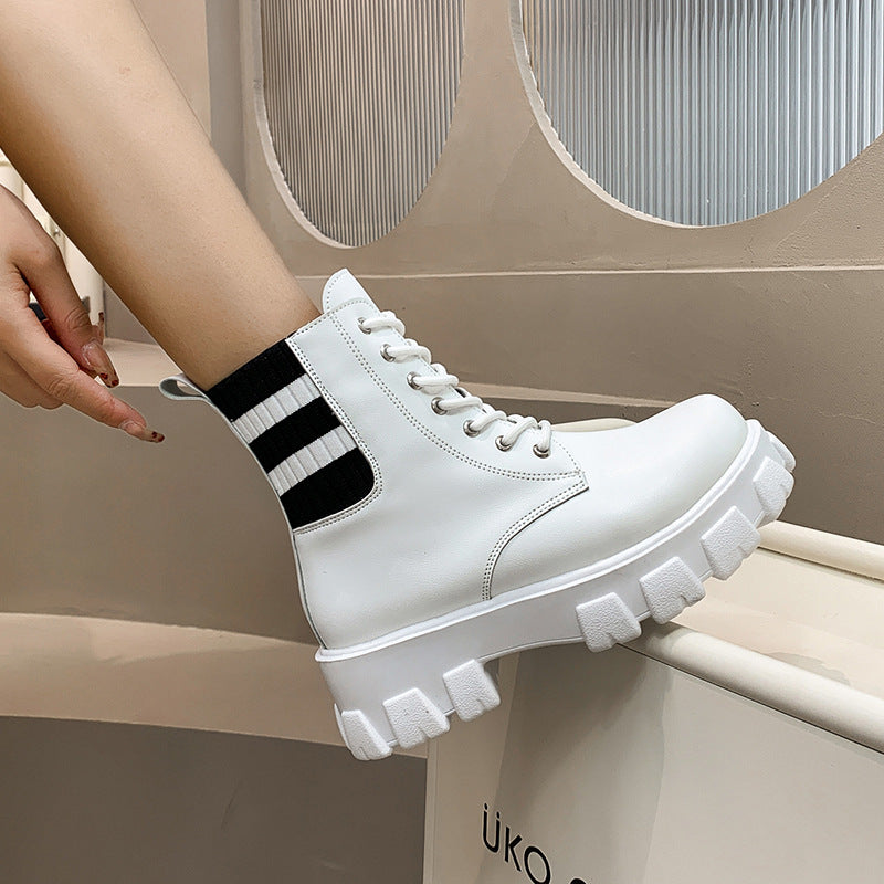 Women's Thick-soled Thick-heel Flying Knit Short Leather Boots