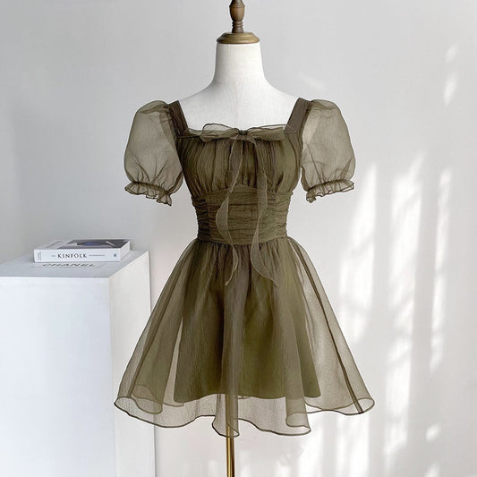 French Smoke Grey Green Square Neck Tea Break Skirt