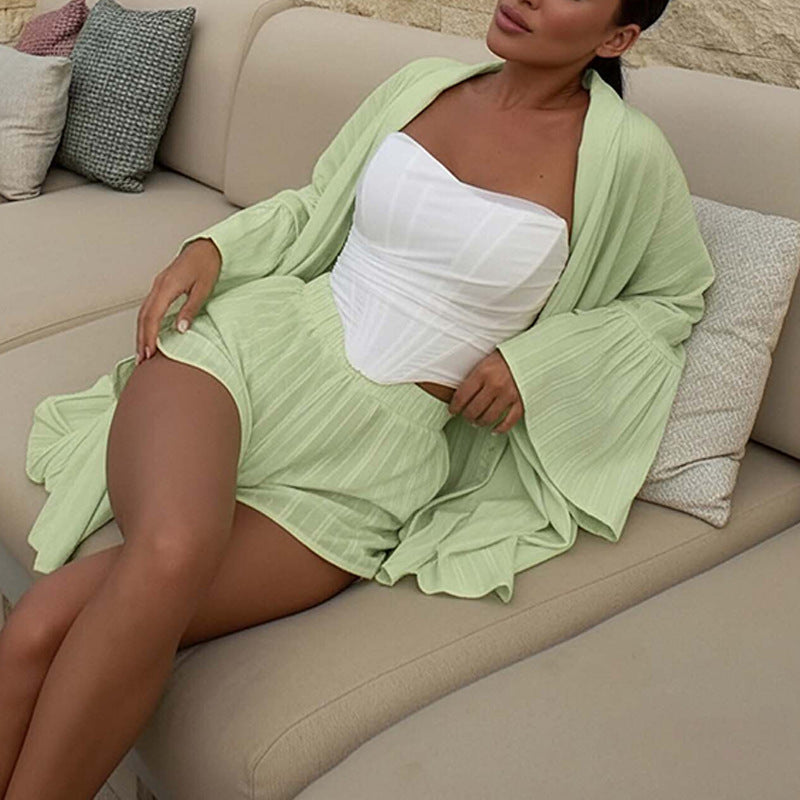 Womens Fashionable Long-Sleeve Casual Minimalist Shorts Set