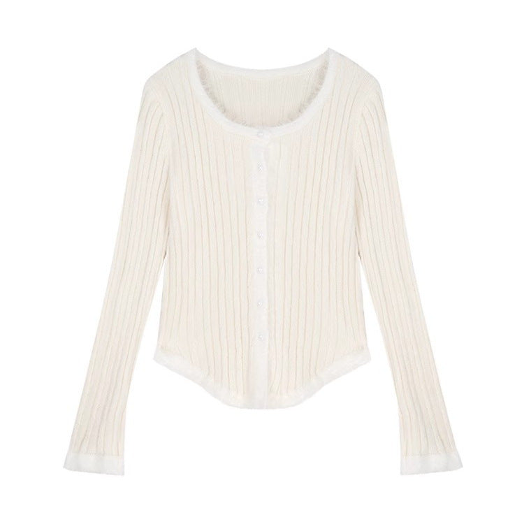 Women's Square Collar Stitching Edging Knitted Cardigan Autumn Winter Coat