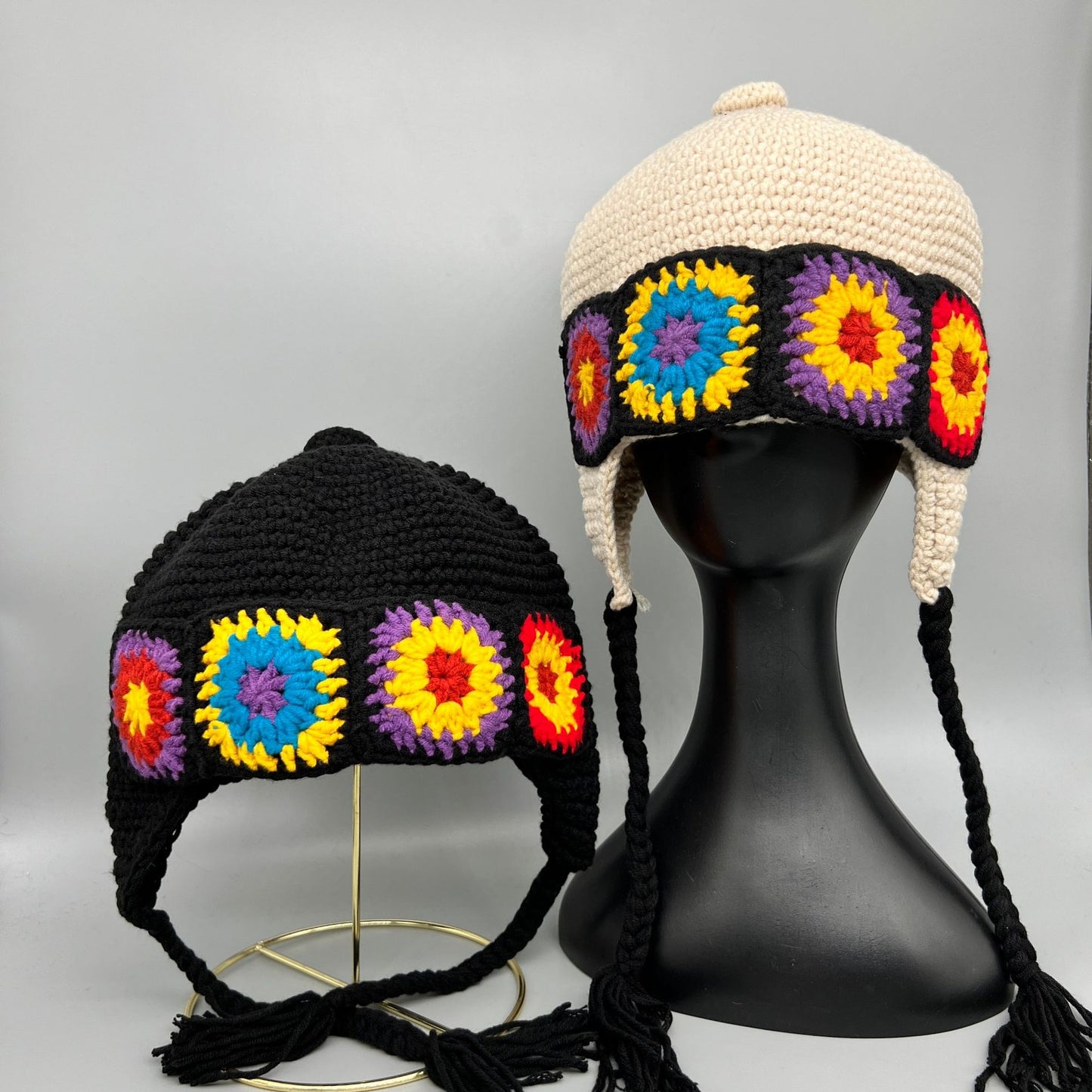 Ethnic Hand Made Flower Knitted Pot Hat Female