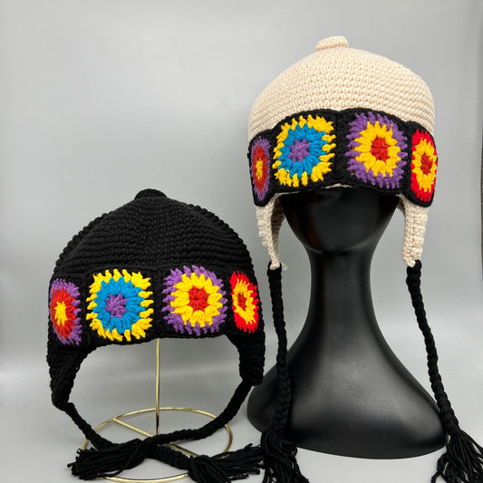 Ethnic Hand Made Flower Knitted Pot Hat Female