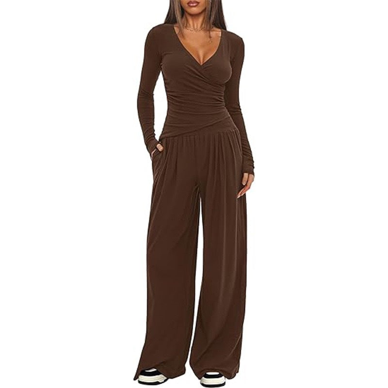 Women's V Neck Long-sleeve Sportswear Top And Wide-leg Pants Set Casual Comfortable Outfit Set For Daily Wear Gym Sports Outfit 2 Pieces