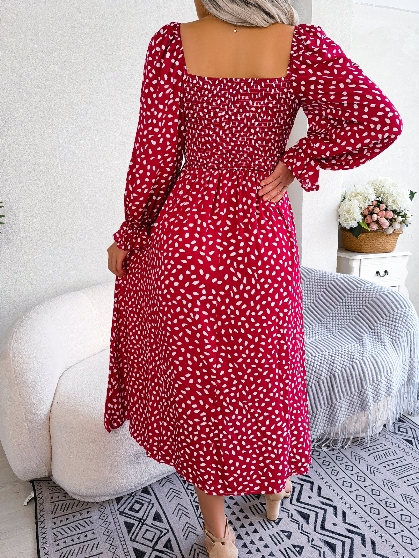 Women Square Neck Long Sleeve Vacation Rayon Pleated Maxi Dress