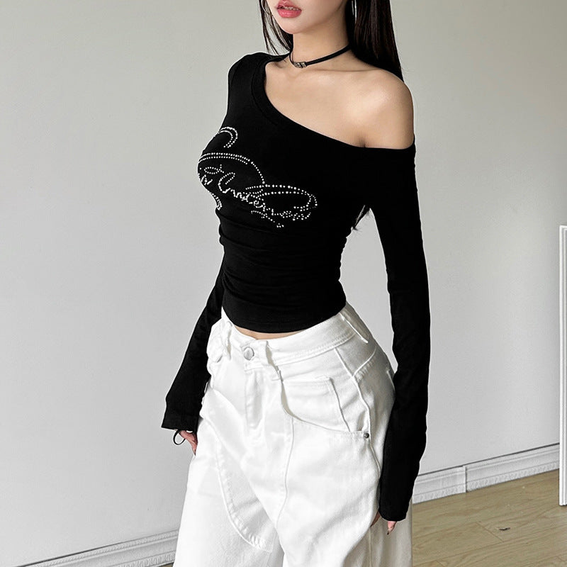 New Trendy Off-shoulder T-shirt With A Slash Neckline And Letter Detailing