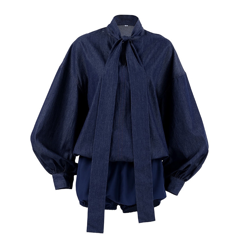 Blue Loose-fit Puffed-sleeve Shirt And Denim Shorts Set