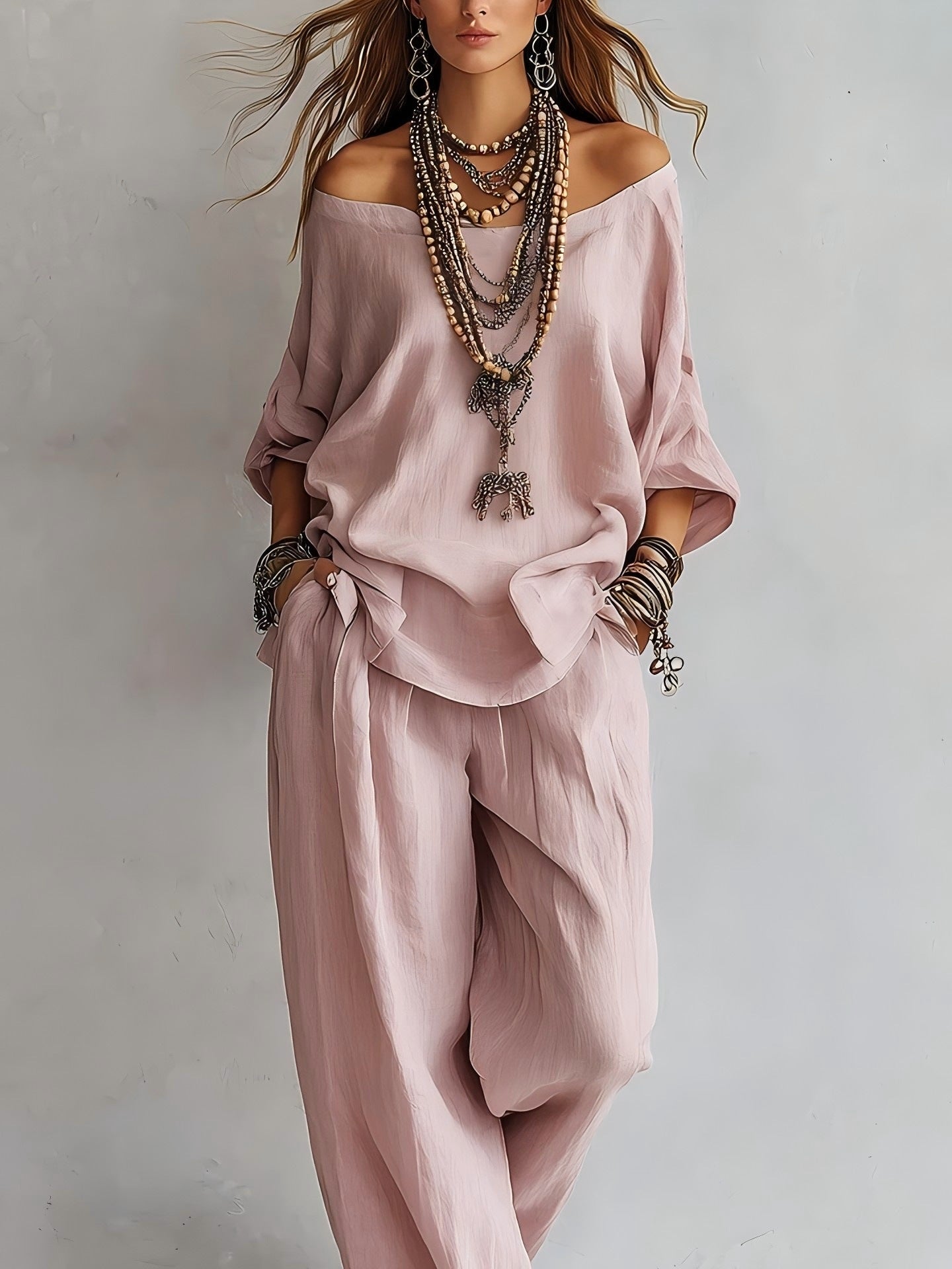 Women's Casual Loose Top And Wide-Leg Pants Set