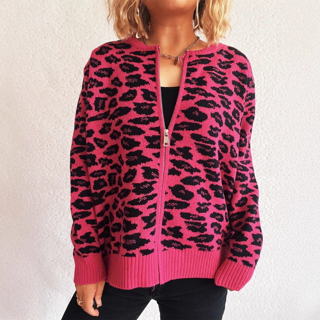 Fashion Color Contrast Knitted Cardigan Casual Round Neck Zipper Stitching Cloud Sweater