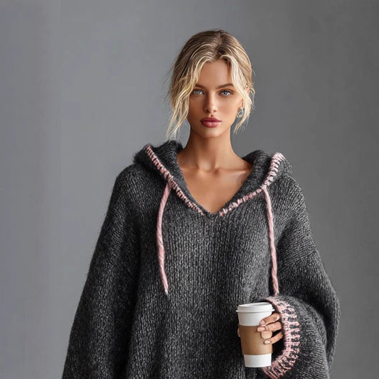 Fashion Color Contrast Stitching Sweater Long Sleeve Hooded Sweater