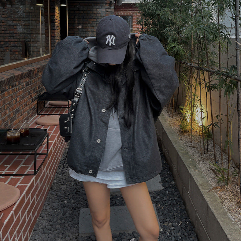 Stand Collar Denim Men's And Women's Autumn And Winter Loose Cargo Jacket