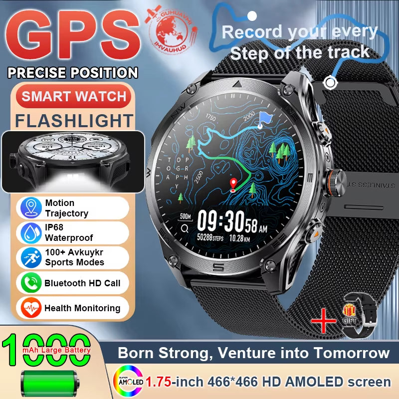 1.75''AMOLED Screen Smart Watch Men 10ATM Waterproof Compass GPS Smartwatch Bluetooth Call 1000Mah Large Battery Sports Bracelet