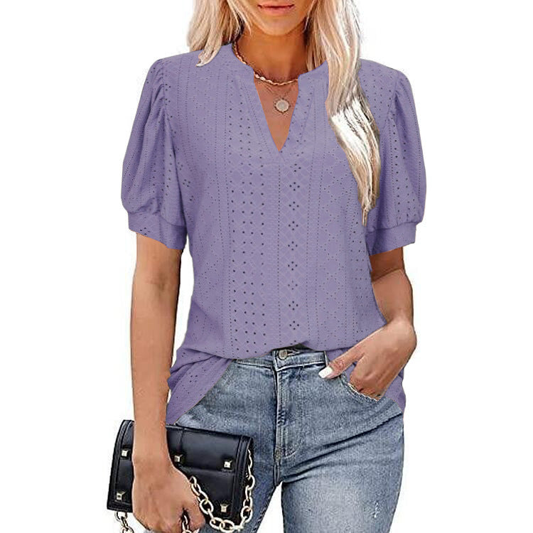 Casual V-neck Solid Color Hollow Puff Sleeve Loose T-shirt