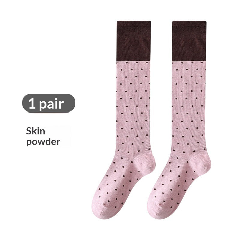 Korean-style Polka-dot Contrast-color Womens Calf Sweet And Versatile Knee-high Puff Socks Made Of Cotton
