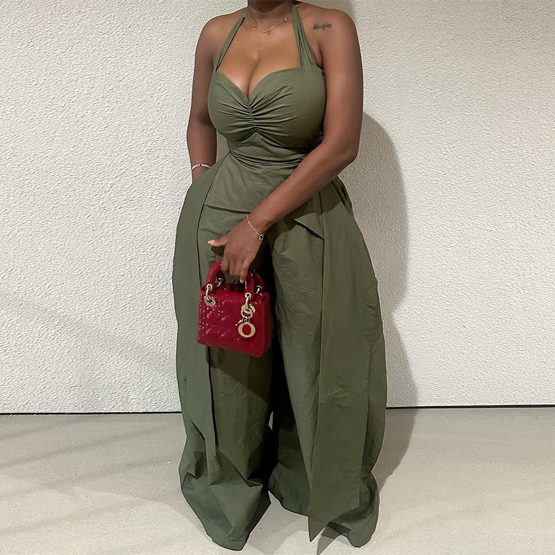 Sexy Halter V-neck Irregular Sleeveless High Waist Ribbon Jumpsuit Trousers