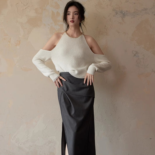 Chain Embellished Neckline Shoulder-baring Sweater