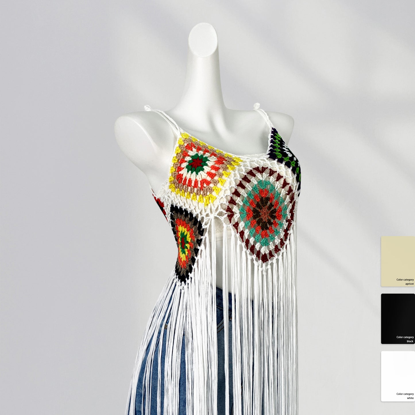 Long Handmade Crocheted Plaid Knitted Sling Tassel Smock Dress