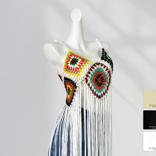 Long Handmade Crocheted Plaid Knitted Sling Tassel Smock Dress