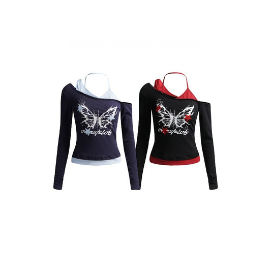 Womens Asymmetrical Neck Halter Patchwork Long Sleeve