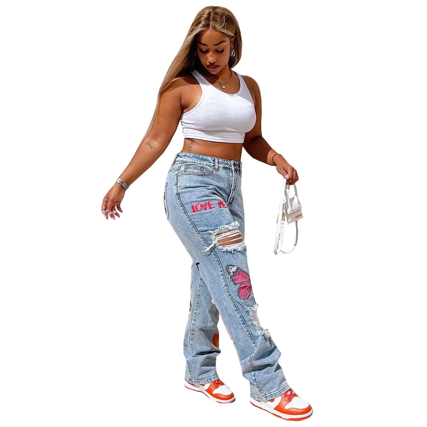 Kvinder digitalt placeret print ripped fashion jeans