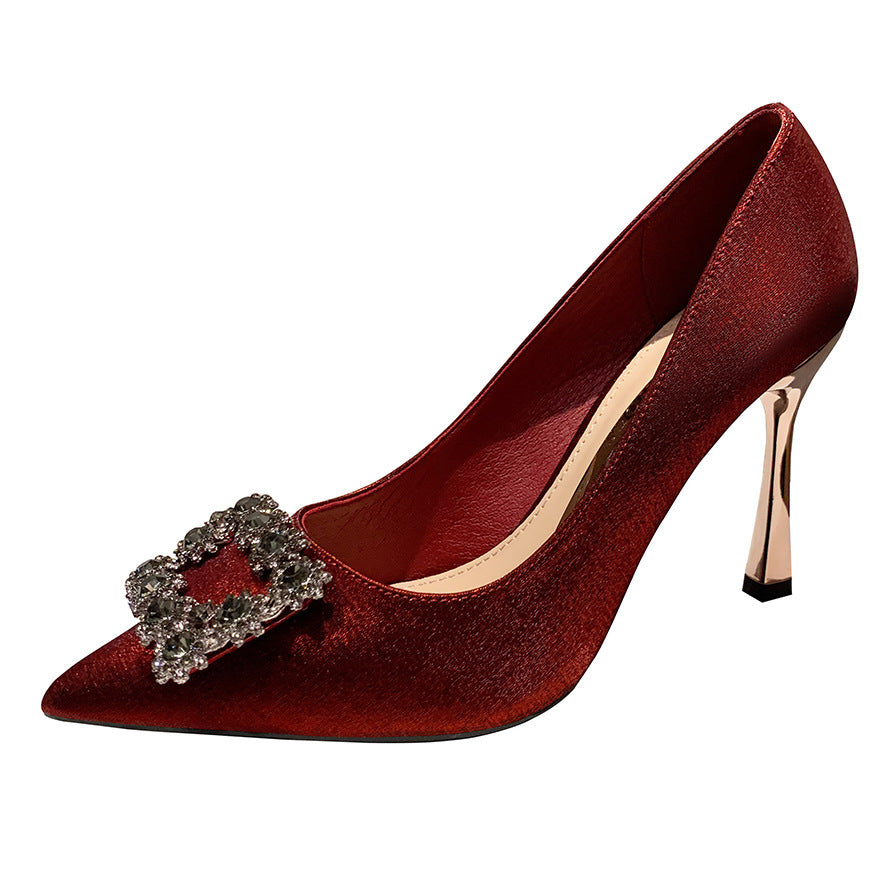 Rhinestone Stiletto Women's Shoes Net Red Satin Slim
