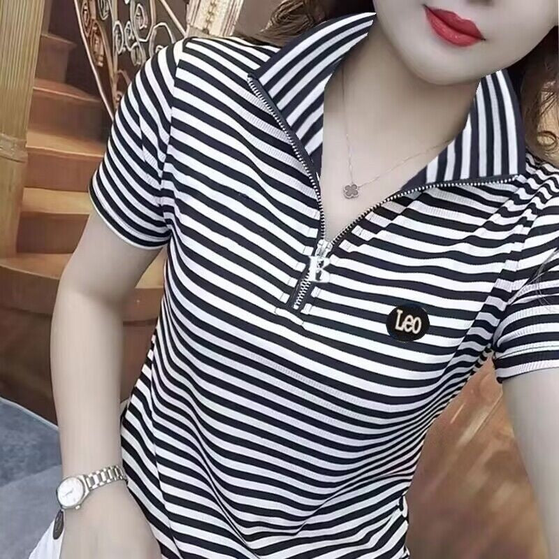 Letter Embroidery Stand-up Collar Short-sleeved T-shirt Shoulder