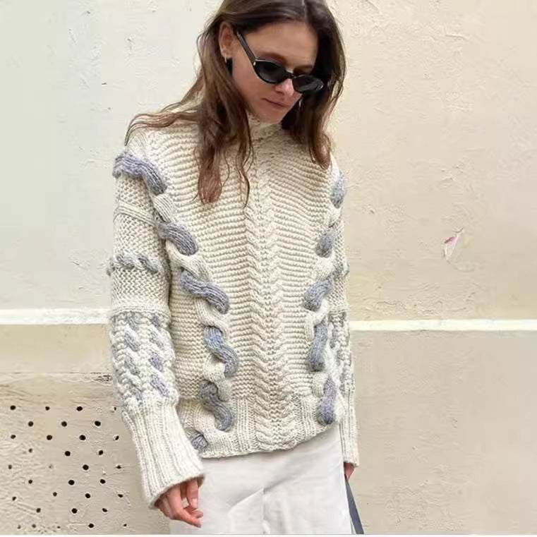 Contrast Color Coarse Woven Twist Lazy And Versatile Pullover Sweater