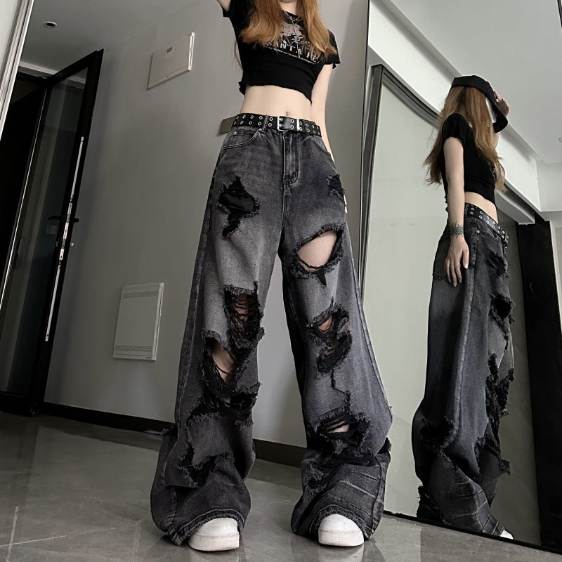 Dark black denim ripped wide leg jeans