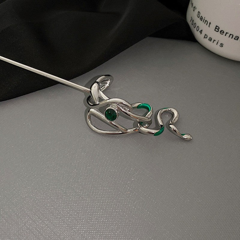 Snake Shaped Green Gem Antique Metal Hairpin