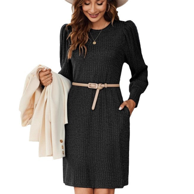 Womens Knitted Puffed-sleeve Long-sleeve Crew-neck Dress With Pockets