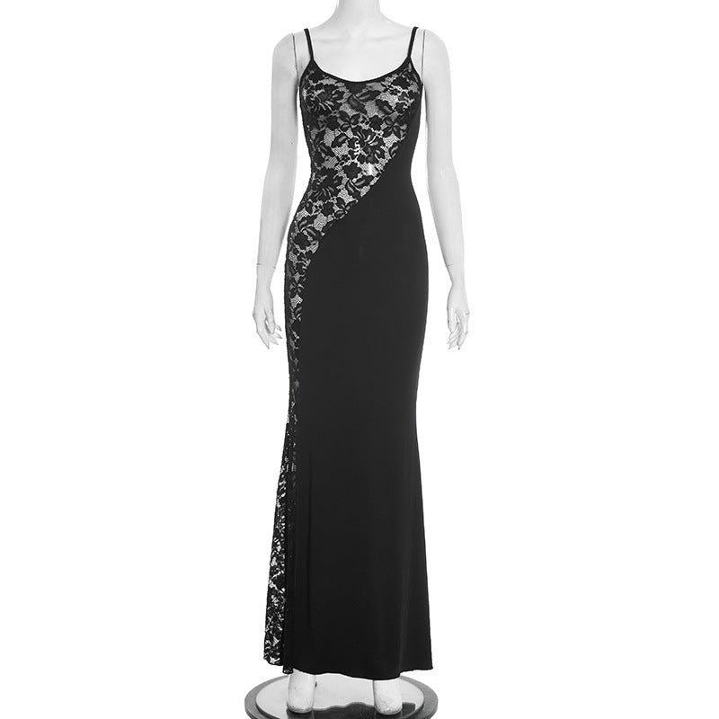 Solid-color Sleeveless Sexy Lace-spliced Slip Bodycon Maxi Dress