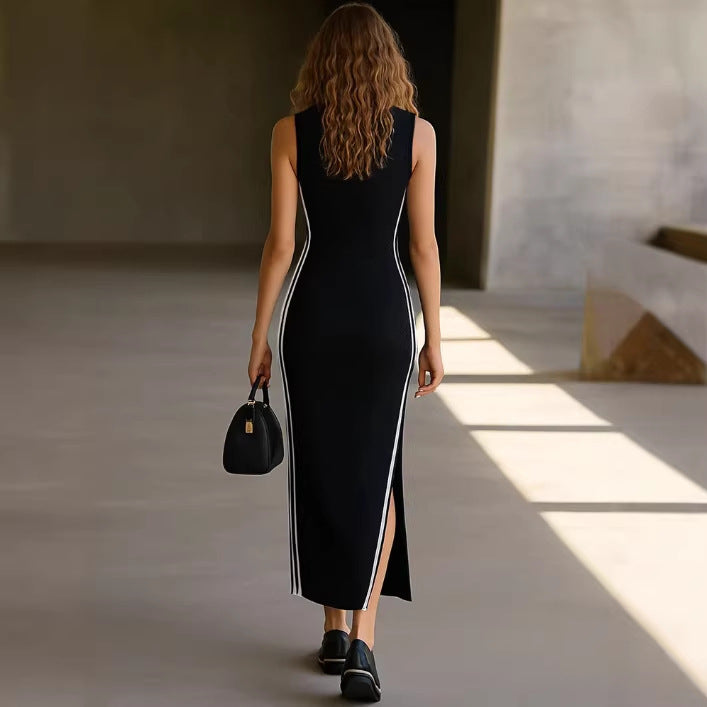 Fashionable Striped Black Ribbed V-neck Split Sports Maxi Skirt
