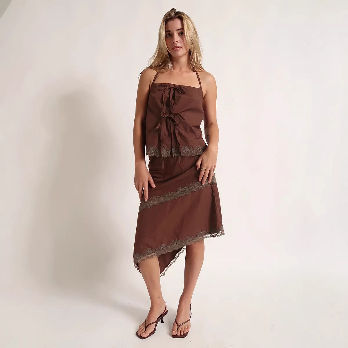 Strapless Halter Top With Ties Lace-trimmed Short Skirt Set