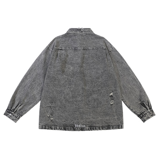 Washed And Worn Worn Hole Denim Shirt Jacket