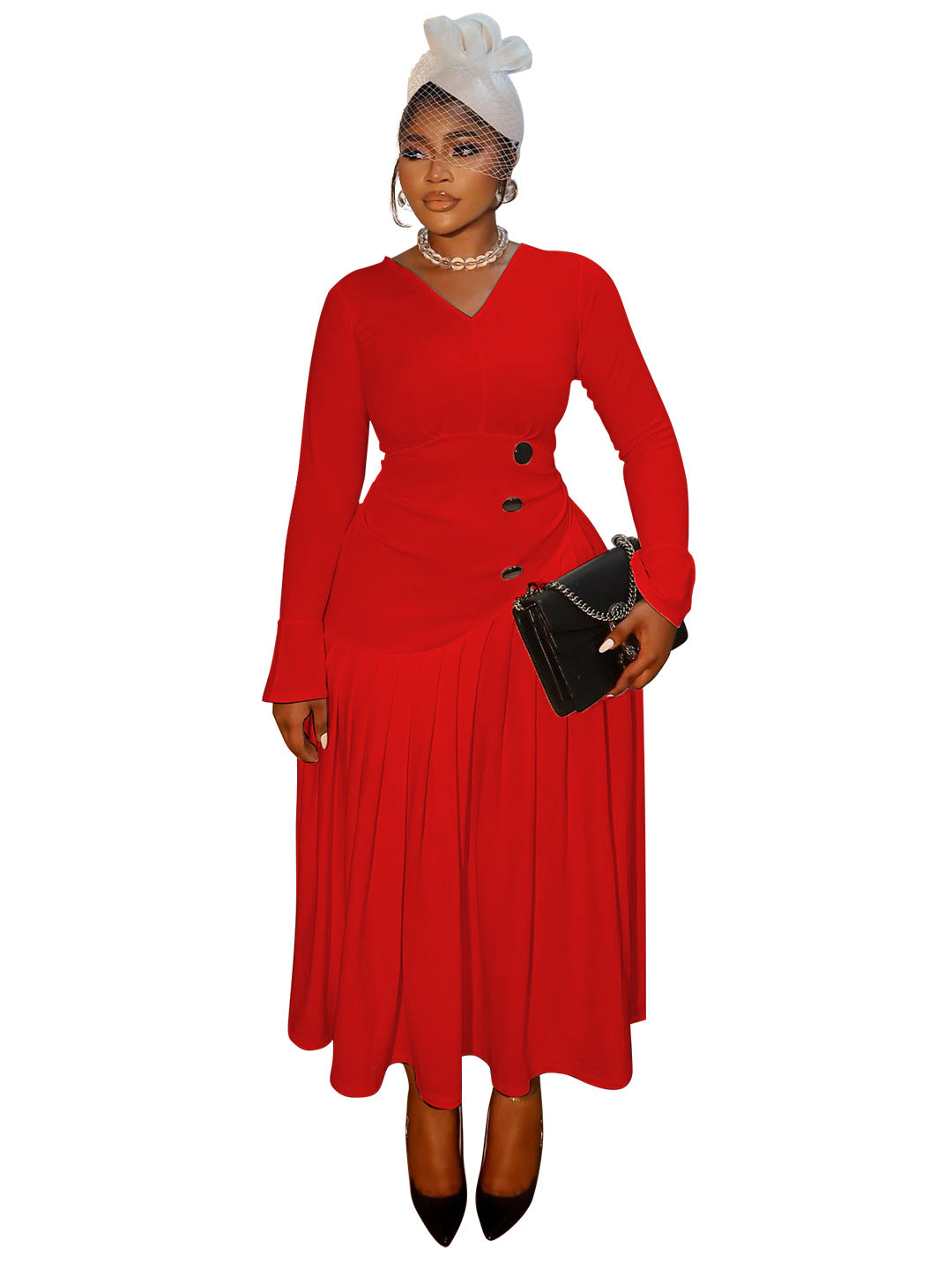 V-neck Waist-cinching Fashionable Pleated Maxi Skirt