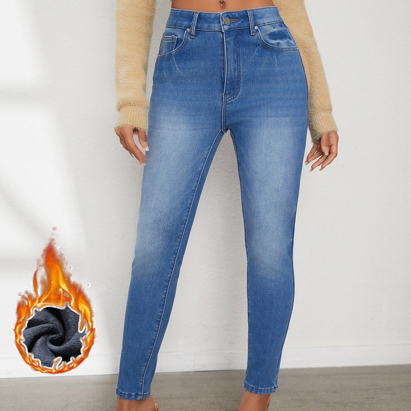 Dame Højtaljede Komfortable Små Fødder Med Plys Jeans