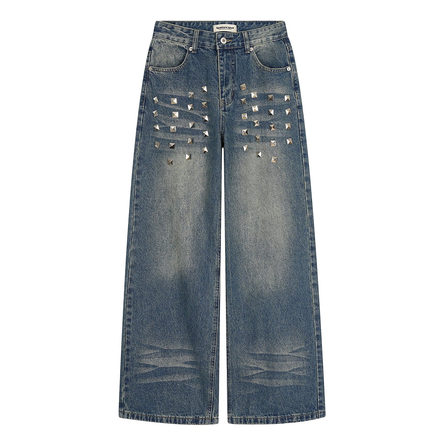 Womens Washed Denim Jeans With American-Style Rivet Design And Cat-Eye Distressed Details