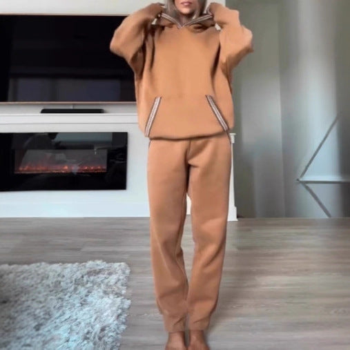 Lace-trimmed Kangaroo Pocket Hoodie And Elastic Waistband Sweatpants Set