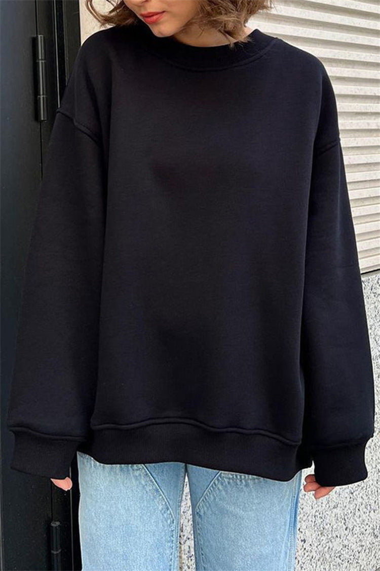 Solid-color Crew-neck Loose-fitting Pullover Hoodie