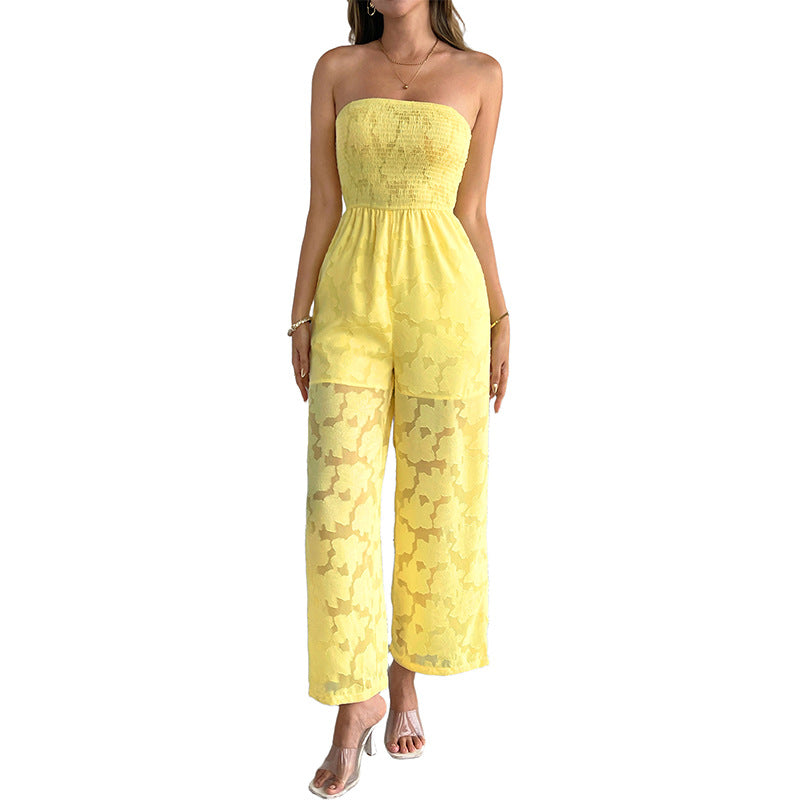 Sheer Yellow Sleeveless Tube Top And Straight-leg Pants For Women